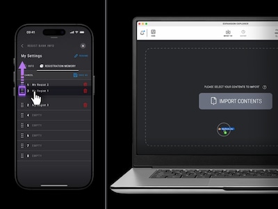 The image of the Yamaha Application’s registration data editing screen and the screen for importing user content on a PC