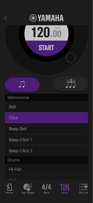 The sound setting function lets you select the tone for each beat.